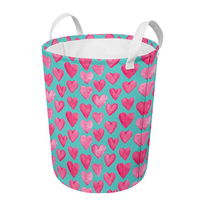 Pink And Teal Watercolor Heart Print Round Laundry Basket