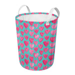 Pink And Teal Watercolor Heart Print Round Laundry Basket