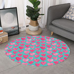 Pink And Teal Watercolor Heart Print Round Rug