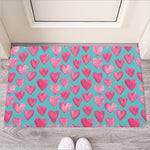 Pink And Teal Watercolor Heart Print Rubber Doormat