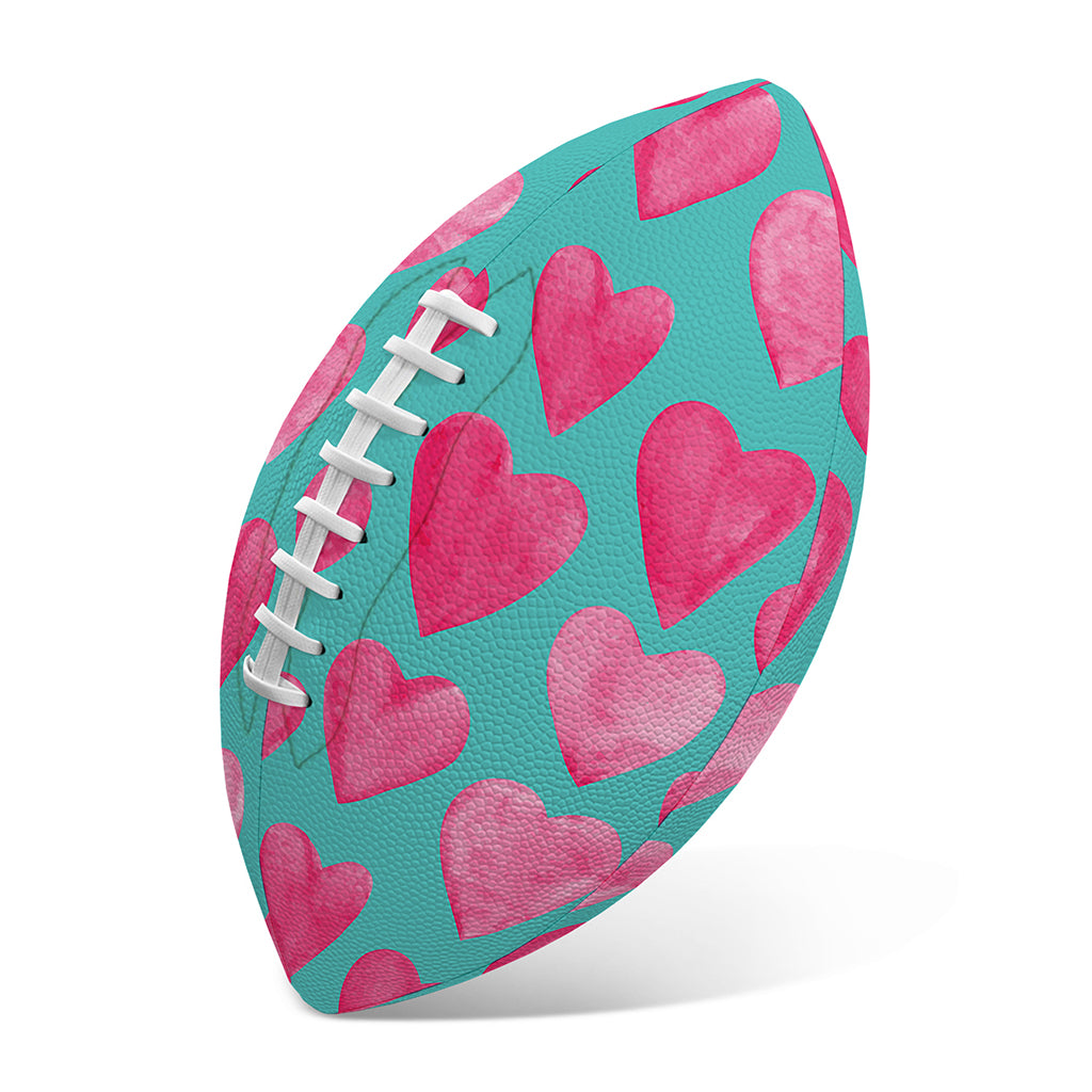 Pink And Teal Watercolor Heart Print Rugby Ball