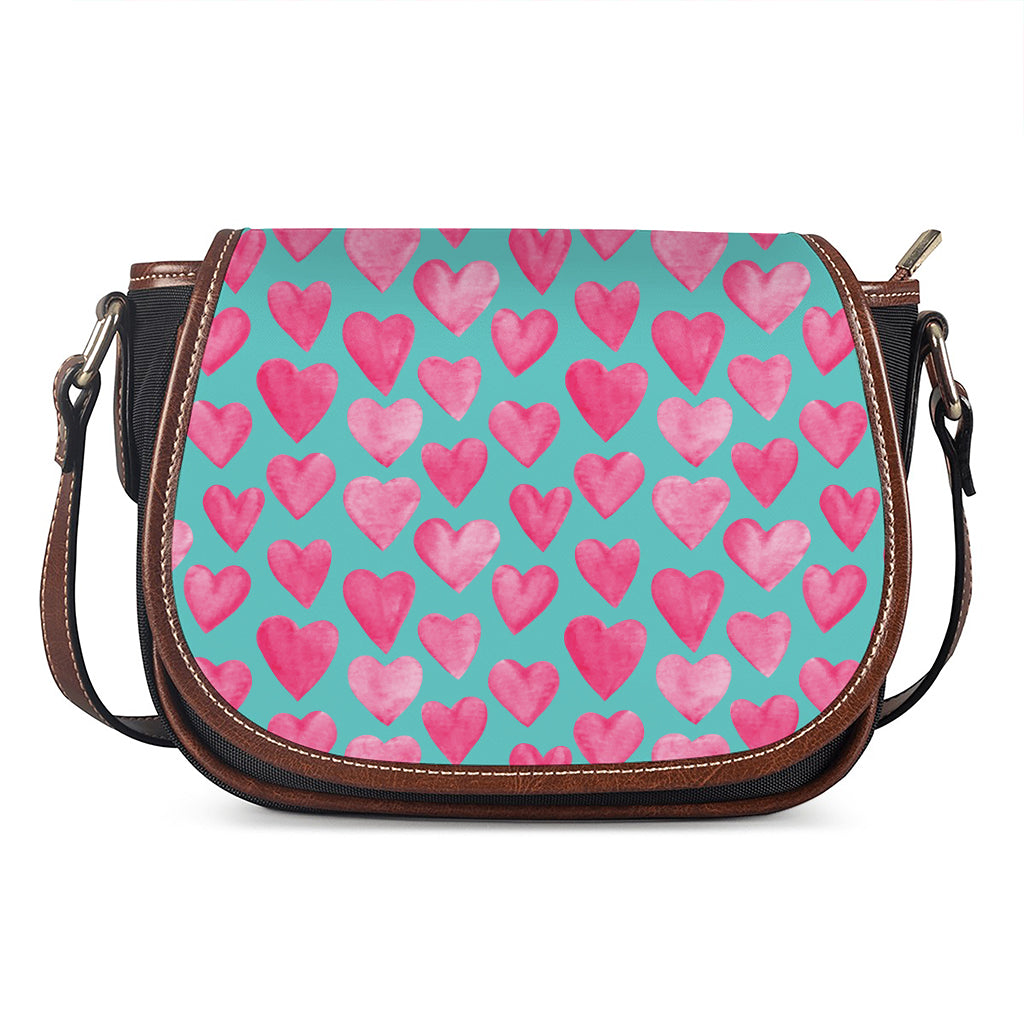 Pink And Teal Watercolor Heart Print Saddle Bag