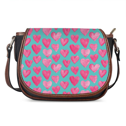 Pink And Teal Watercolor Heart Print Saddle Bag