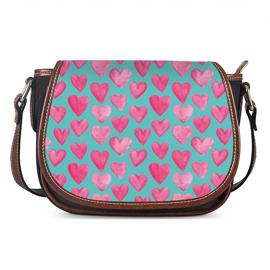 Pink And Teal Watercolor Heart Print Saddle Bag