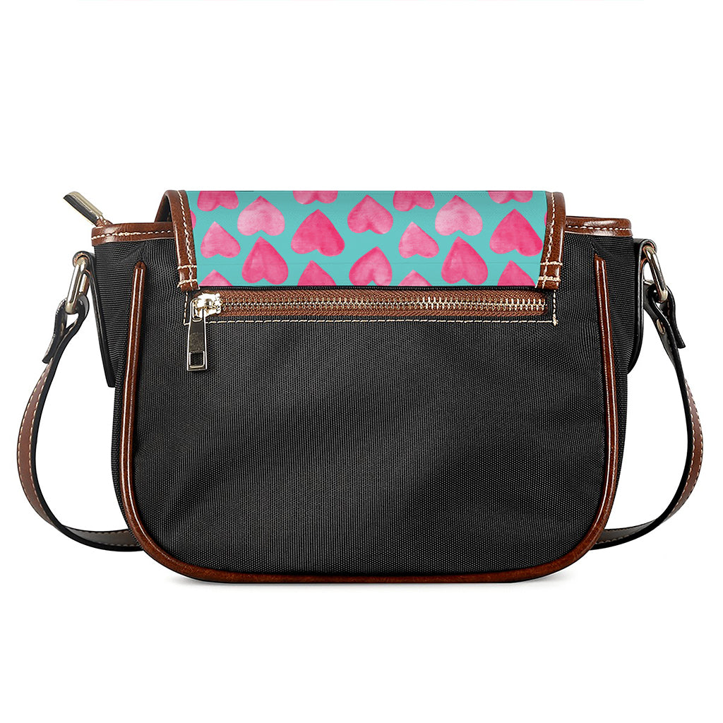 Pink And Teal Watercolor Heart Print Saddle Bag