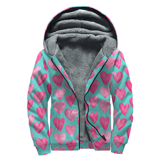 Pink And Teal Watercolor Heart Print Sherpa Lined Zip Up Hoodie