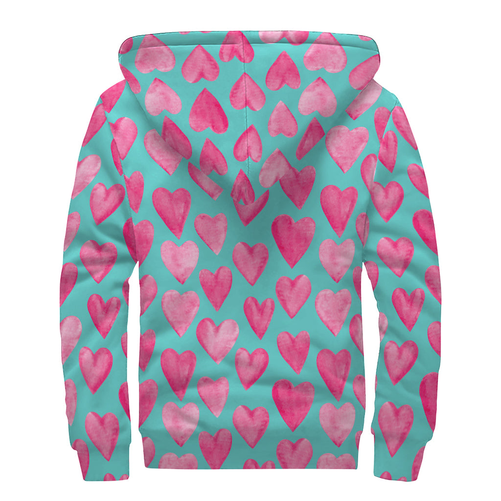 Pink And Teal Watercolor Heart Print Sherpa Lined Zip Up Hoodie