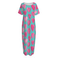 Pink And Teal Watercolor Heart Print Short Sleeve Long Nightdress