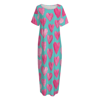 Pink And Teal Watercolor Heart Print Short Sleeve Long Nightdress