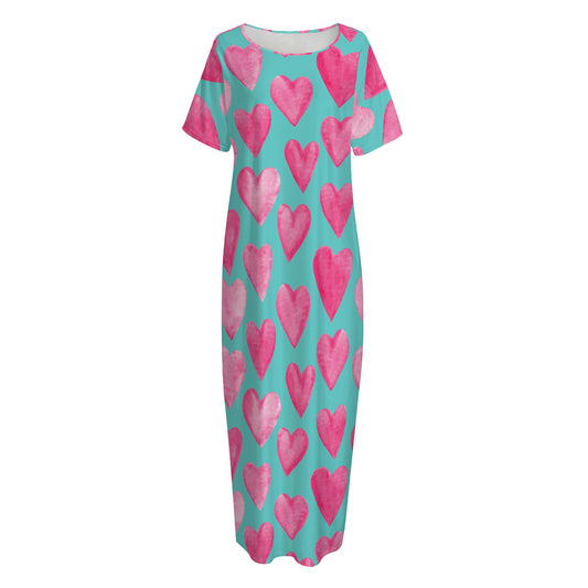 Pink And Teal Watercolor Heart Print Short Sleeve Long Nightdress