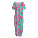 Pink And Teal Watercolor Heart Print Short Sleeve Long Nightdress