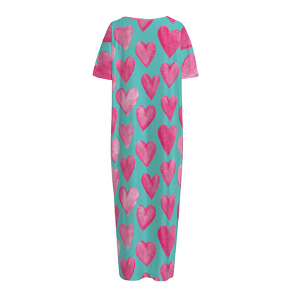 Pink And Teal Watercolor Heart Print Short Sleeve Long Nightdress