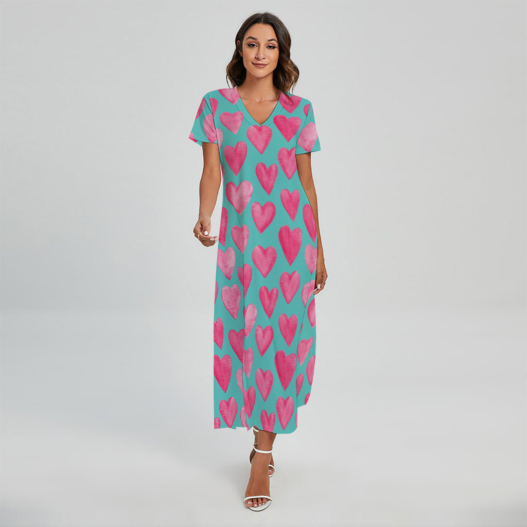 Pink And Teal Watercolor Heart Print Short Sleeve Maxi Dress