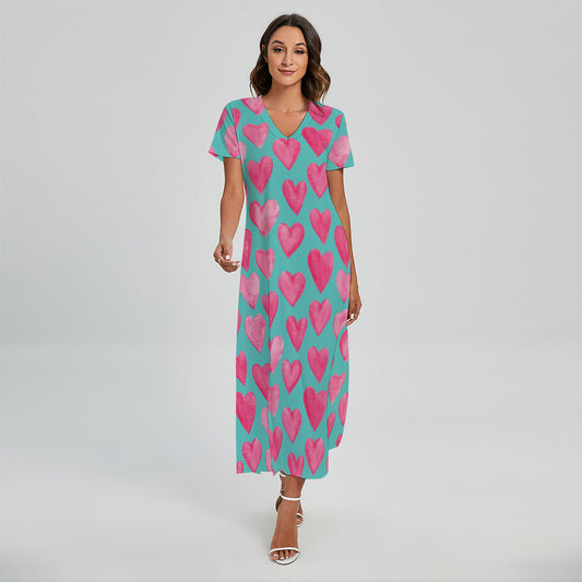 Pink And Teal Watercolor Heart Print Short Sleeve Maxi Dress