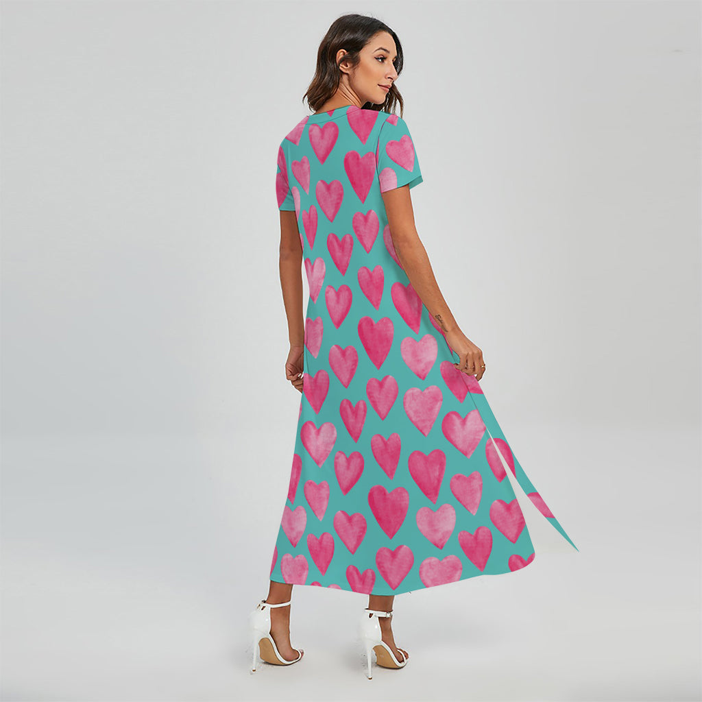 Pink And Teal Watercolor Heart Print Short Sleeve Maxi Dress