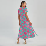 Pink And Teal Watercolor Heart Print Short Sleeve Maxi Dress