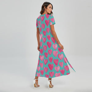 heart print maxi dress Pink And Teal Watercolor Heart Print Short Sleeve Maxi Dress