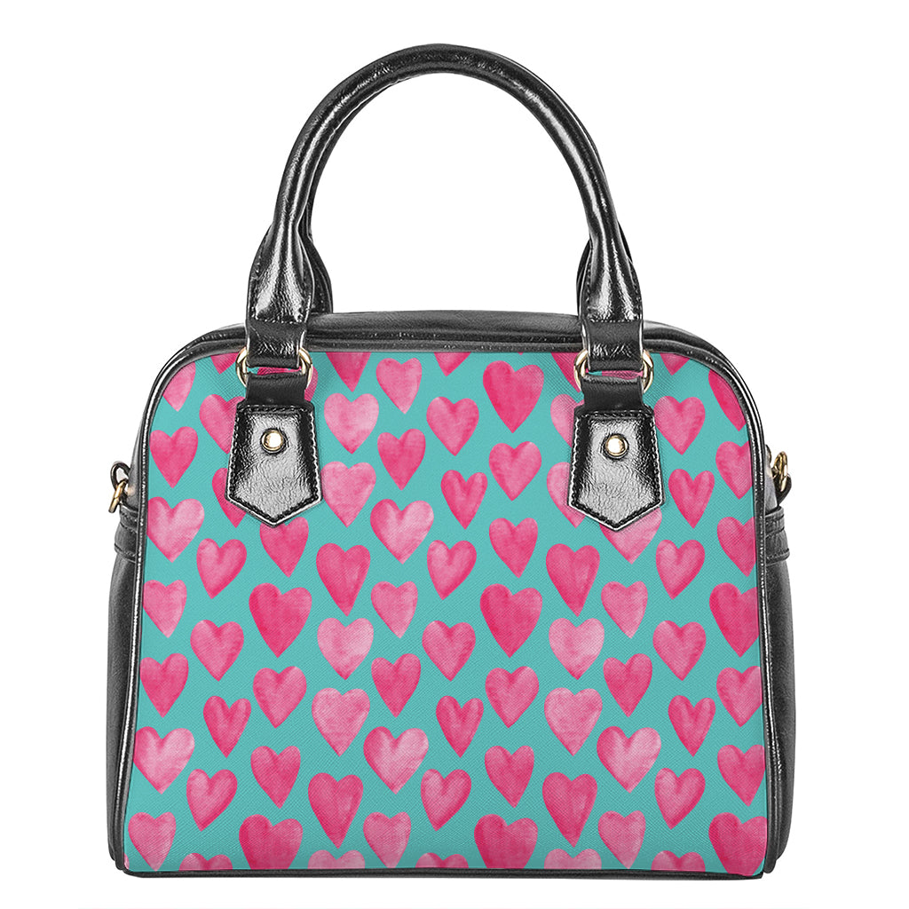 Pink And Teal Watercolor Heart Print Shoulder Handbag