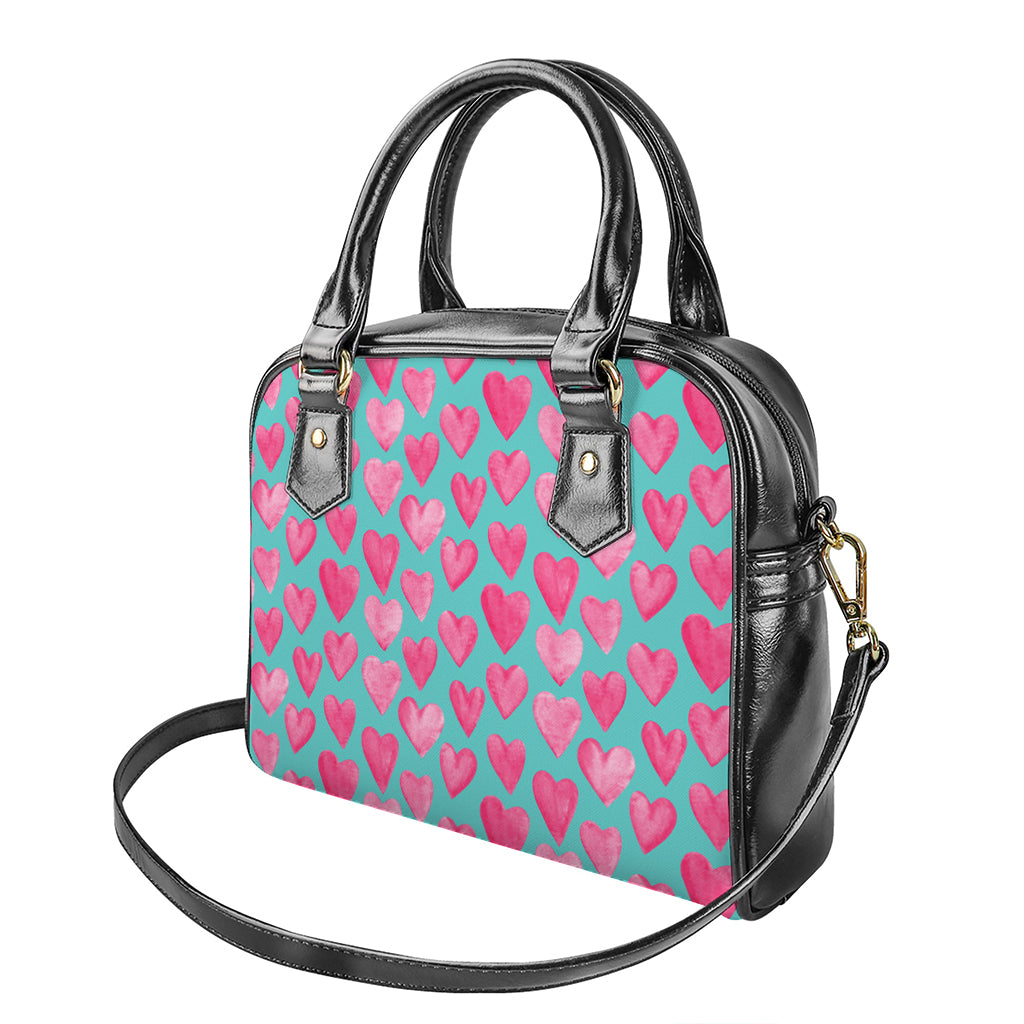 Pink And Teal Watercolor Heart Print Shoulder Handbag