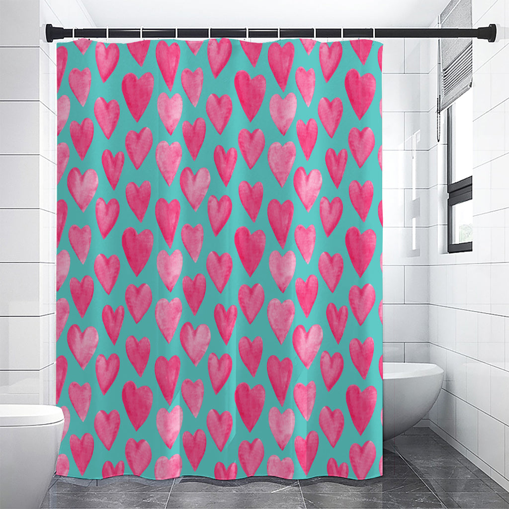 Pink And Teal Watercolor Heart Print Shower Curtain