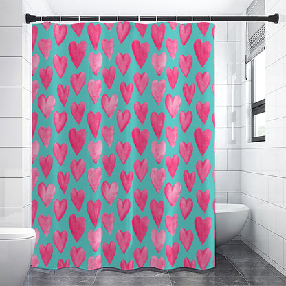 Pink And Teal Watercolor Heart Print Shower Curtain