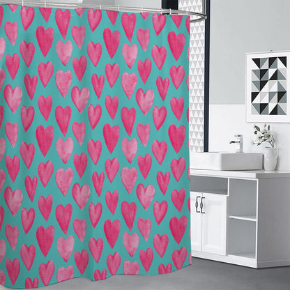 Pink And Teal Watercolor Heart Print Shower Curtain