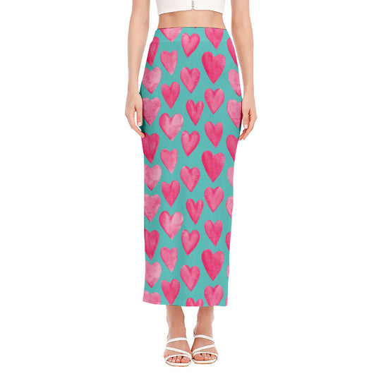 Pink And Teal Watercolor Heart Print Side Slit Maxi Skirt