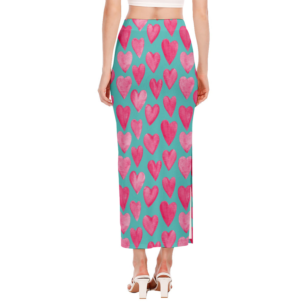 Pink And Teal Watercolor Heart Print Side Slit Maxi Skirt