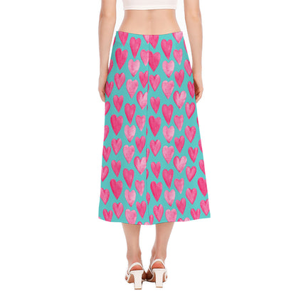 Pink And Teal Watercolor Heart Print Side Slit Midi Skirt