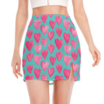 Pink And Teal Watercolor Heart Print Side Slit Mini Skirt
