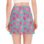 Pink And Teal Watercolor Heart Print Side Slit Mini Skirt