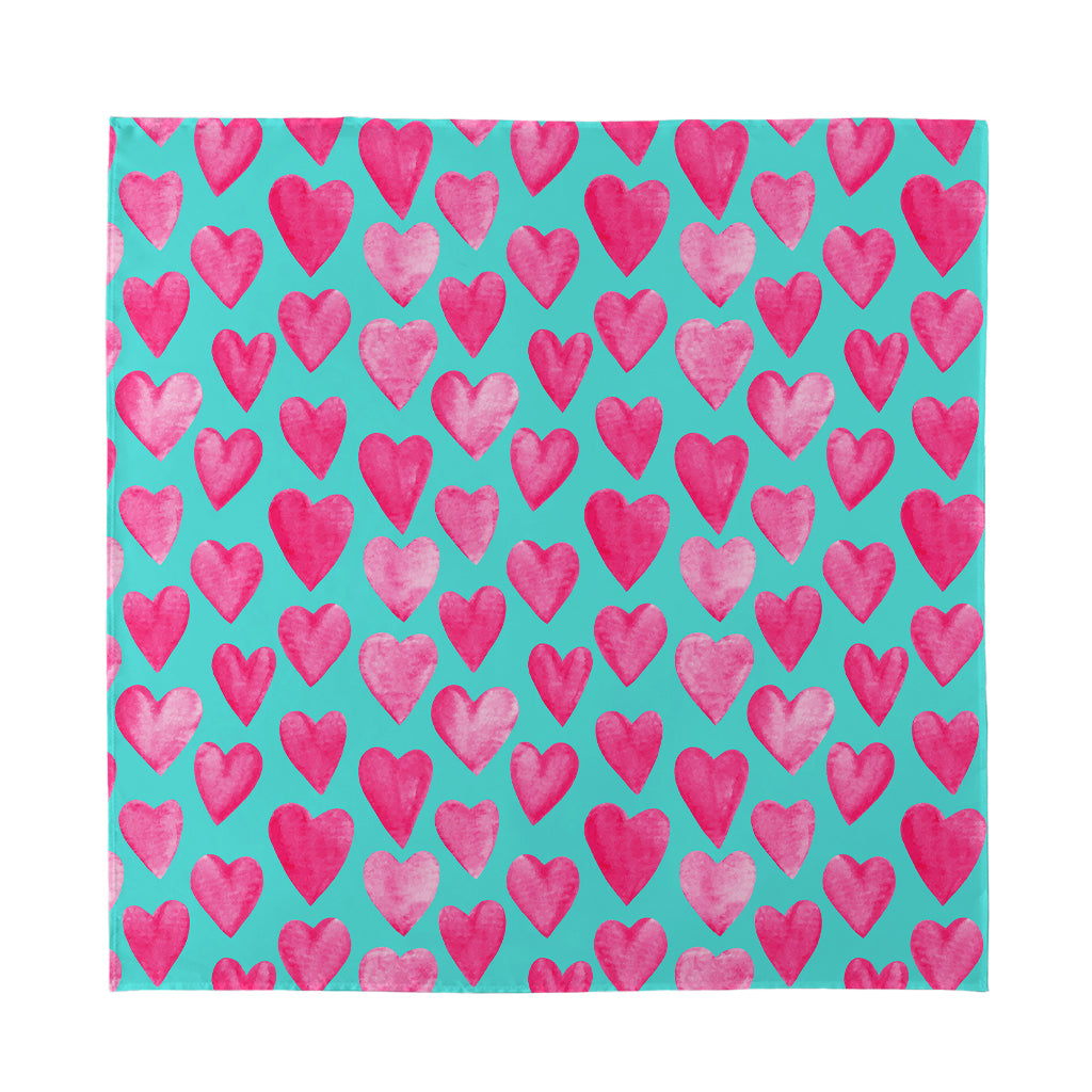 Pink And Teal Watercolor Heart Print Silk Bandana