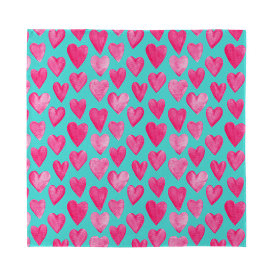 Pink And Teal Watercolor Heart Print Silk Bandana