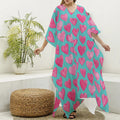 Pink And Teal Watercolor Heart Print Silk V-Neck Kaftan Dress