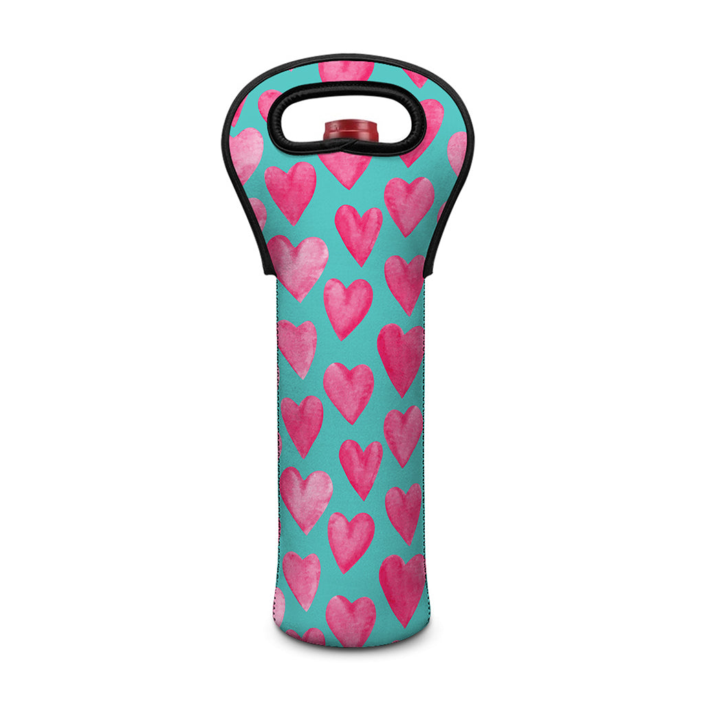 Pink And Teal Watercolor Heart Print Single Neoprene Wine Tote