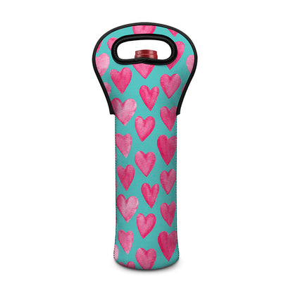 Pink And Teal Watercolor Heart Print Single Neoprene Wine Tote