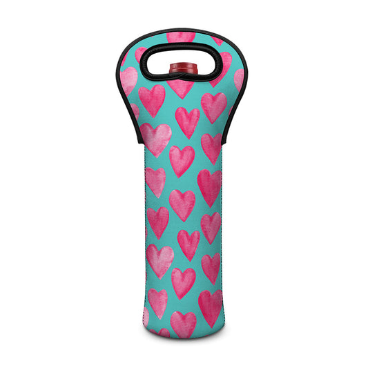 Pink And Teal Watercolor Heart Print Single Neoprene Wine Tote