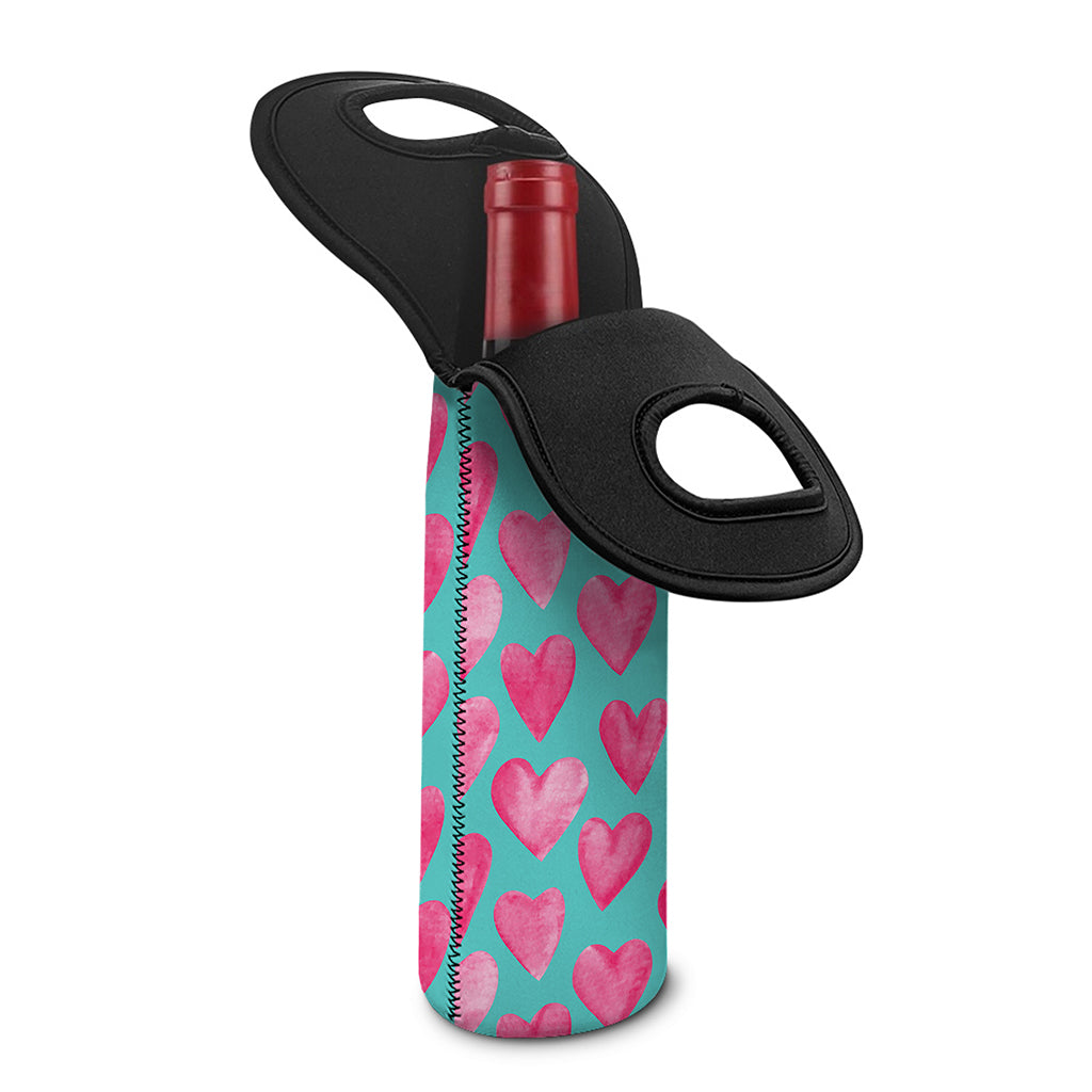 Pink And Teal Watercolor Heart Print Single Neoprene Wine Tote