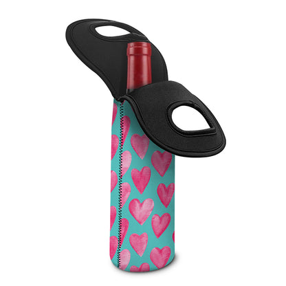 Pink And Teal Watercolor Heart Print Single Neoprene Wine Tote