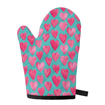 Pink And Teal Watercolor Heart Print Single Oven Mitt
