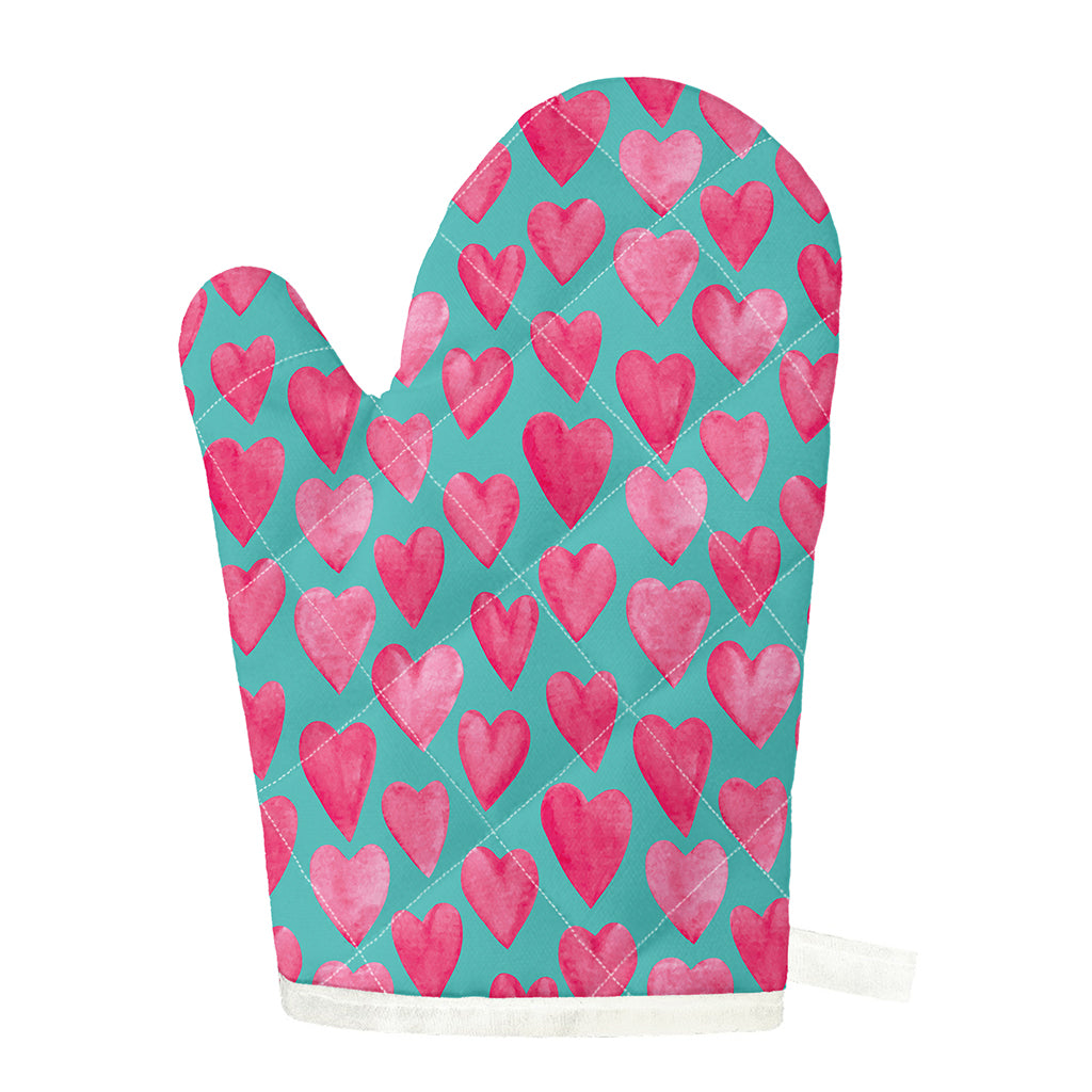 Pink And Teal Watercolor Heart Print Single Oven Mitt