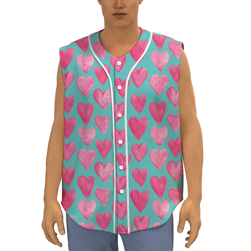 Pink And Teal Watercolor Heart Print Sleeveless Baseball Jersey