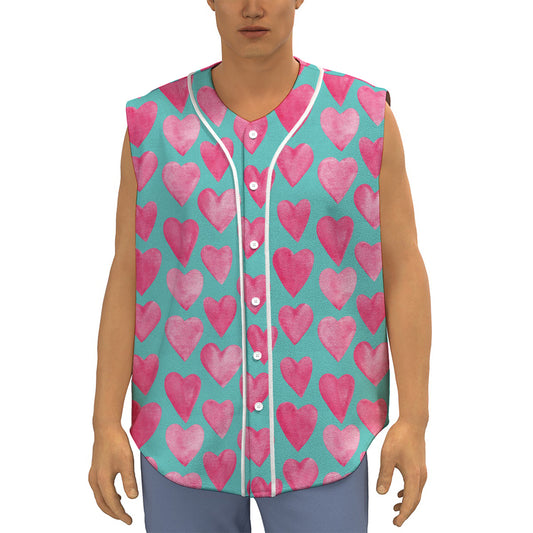 Pink And Teal Watercolor Heart Print Sleeveless Baseball Jersey