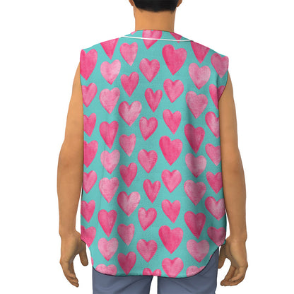 Pink And Teal Watercolor Heart Print Sleeveless Baseball Jersey