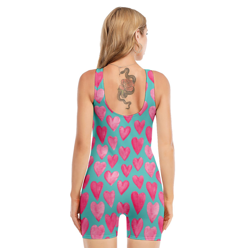 Pink And Teal Watercolor Heart Print Sleeveless One Piece Swimsuit