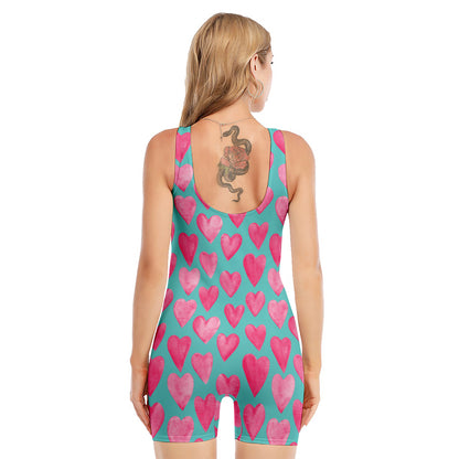 Pink And Teal Watercolor Heart Print Sleeveless One Piece Swimsuit