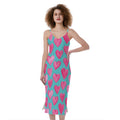 Pink And Teal Watercolor Heart Print Slim Fit Midi Cami Dress