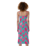 Pink And Teal Watercolor Heart Print Slim Fit Midi Cami Dress