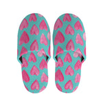 Pink And Teal Watercolor Heart Print Slippers