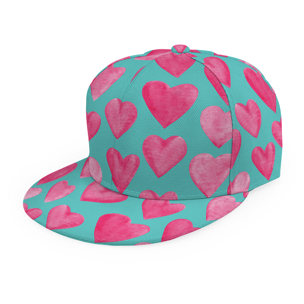 Pink And Teal Watercolor Heart Print Snapback Cap